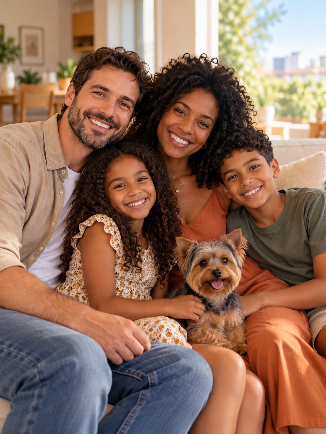 Família feliz com dois filhos e um cachorro Yorkshire